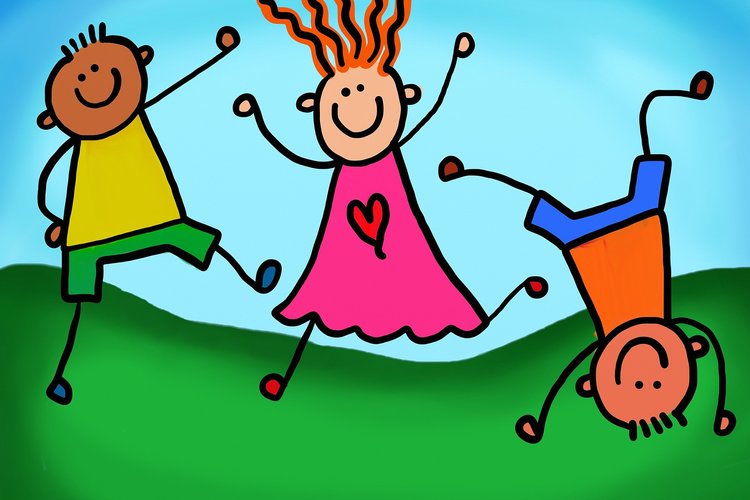 Värikäs piirroskuva, jossa kolme lasta hyppivät ilmassa.